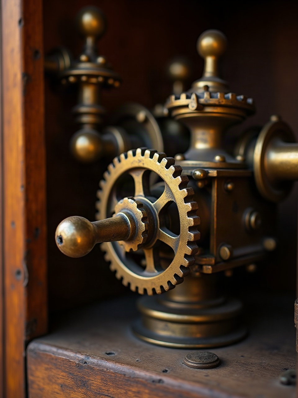 Brass gears and levers inside an early mechanical gaming device.