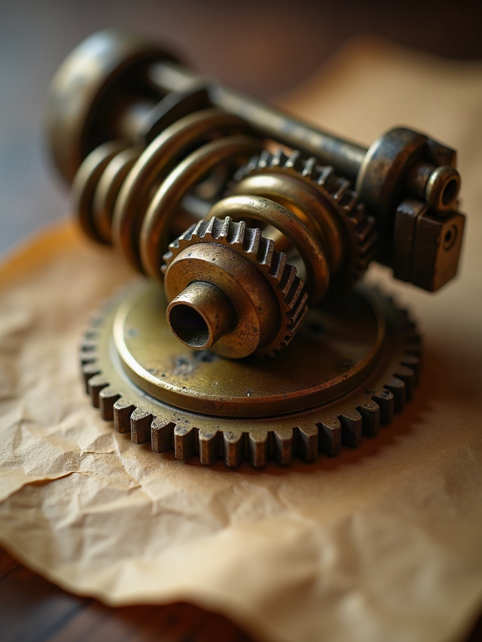 Brass gears and springs on thick paper