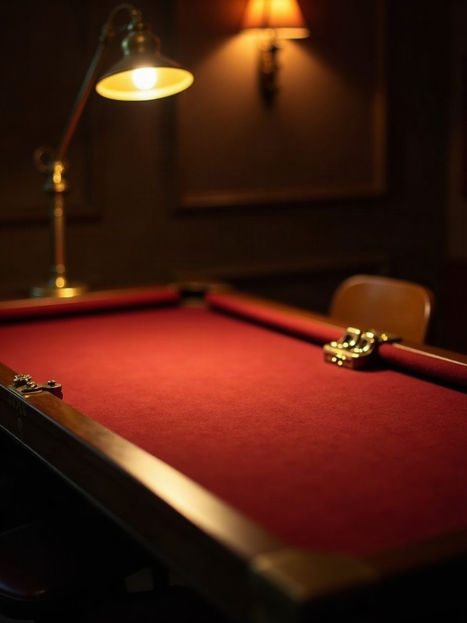 An empty velvet gaming table beneath a warm light