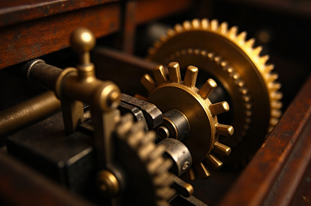 Internal brass gear mechanism of an early gaming device.
