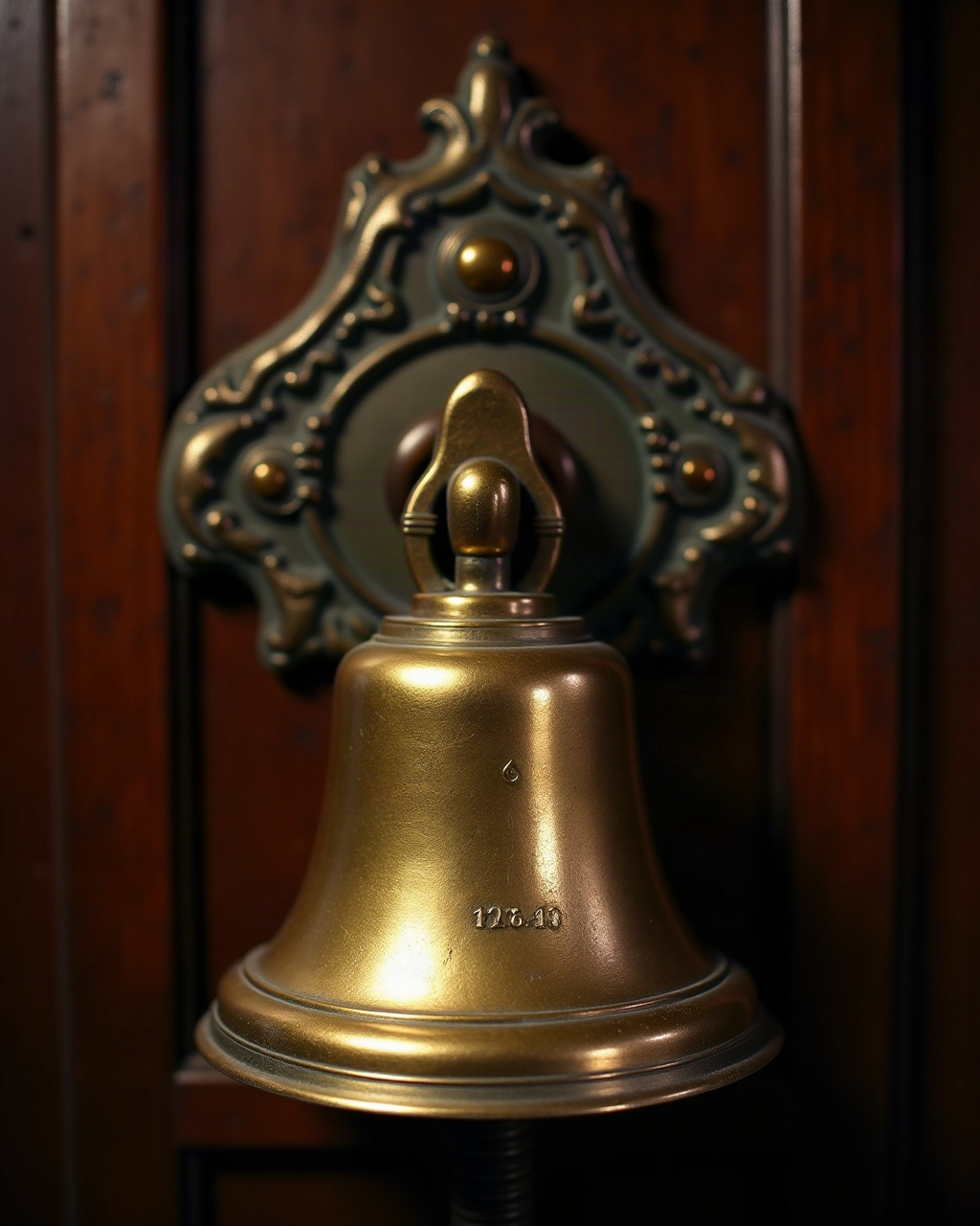Close view of a tarnished brass bell mechanism