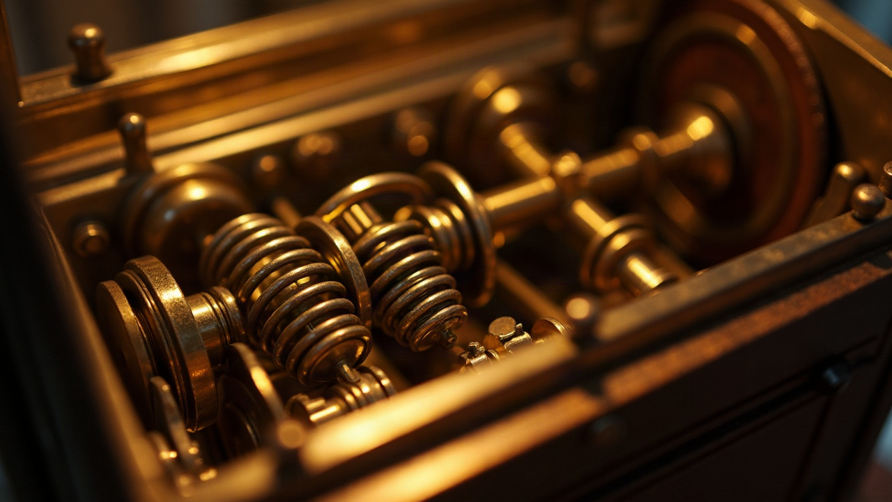Close up view of the intricate brass gearing and steel tension springs inside a vintage coin payout mechanism.